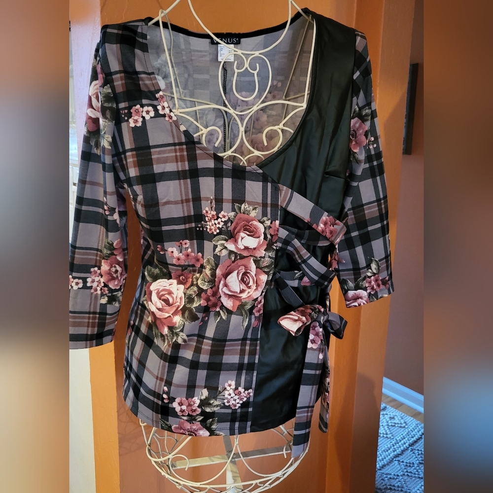 Unique floral blouse with pleather accent